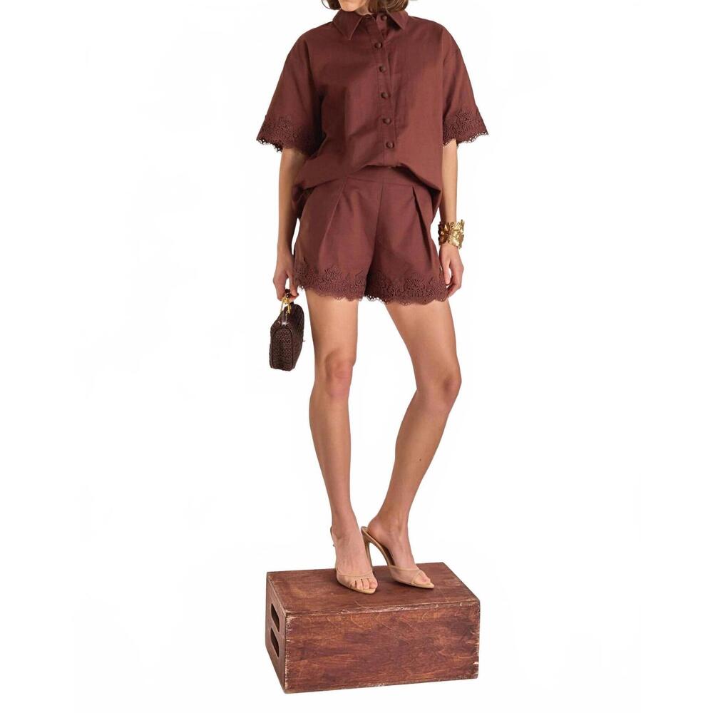 NEW ENGLISH FACTORY women's midnight lace linen shirt and shorts set in chocolat